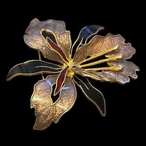1980’s/90’s Gold-Tone Orchid Cloisonné Enamel Pin Brooch Pink/Black Accents